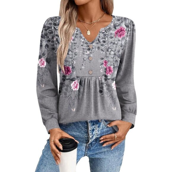Tops - Floral V-Neck Long Sleeve Tee - Gray with Pink Floral